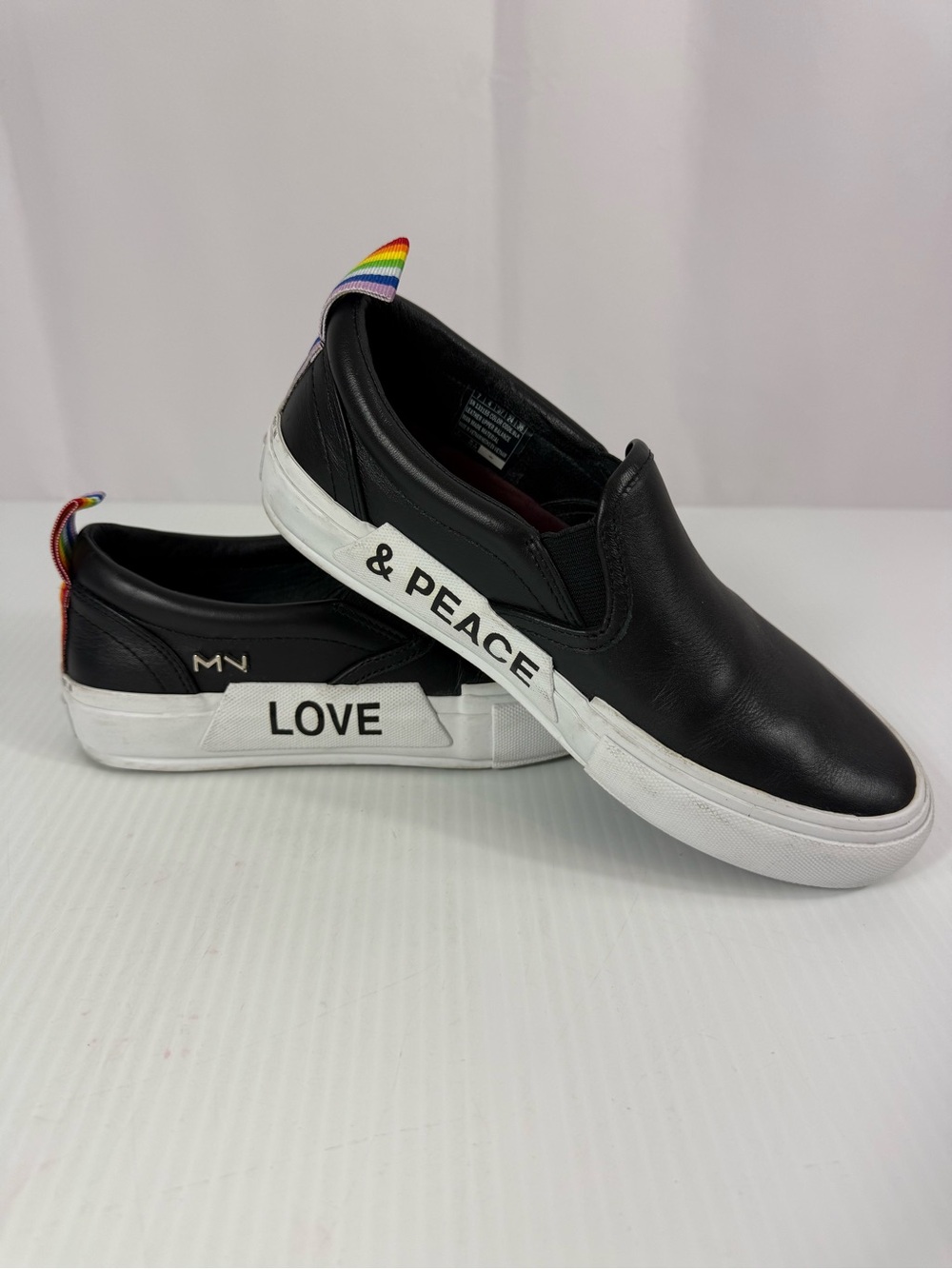 Mark Nason LA Women's Black Leather Slip On Love & Peace Pride Sneakers Size 7